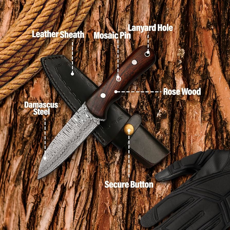 Full Tang Handmade Damascus Steel Blade Rose Wood Handle Hunting Knife With Leather Sheath Cover