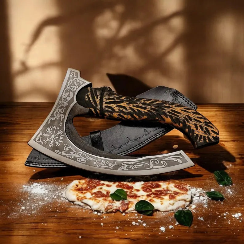 CUSTOM HANDMADE VIKING PIZZA CUTTER AXE WITH LEATHER COVER || DRS KNIVES HUB