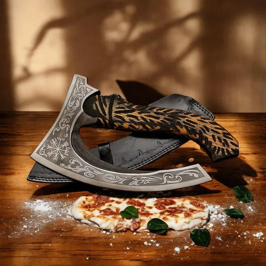 CUSTOM HANDMADE VIKING PIZZA CUTTER AXE WITH LEATHER COVER || DRS KNIVES HUB