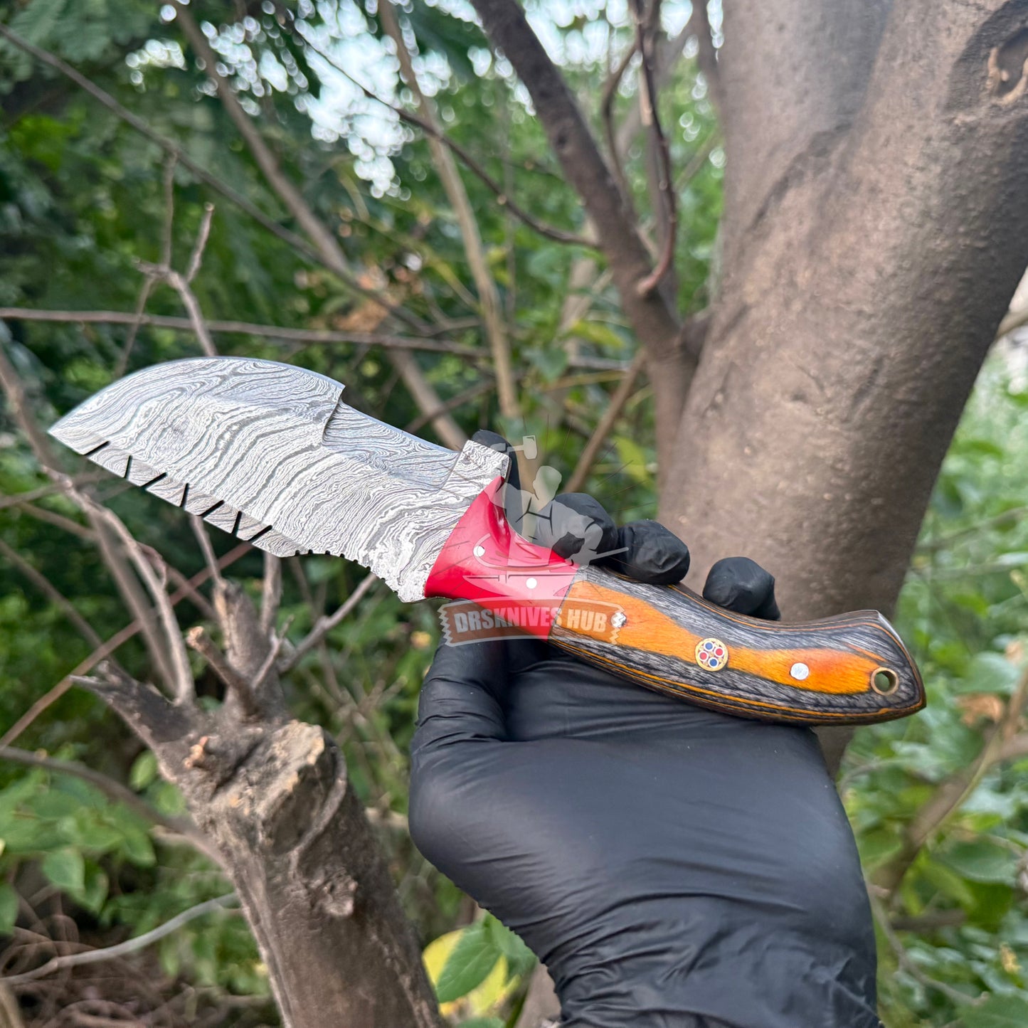 Handmade Damascus Steel Tracker Knife: 10" Hunting Knife with Leather Sheath