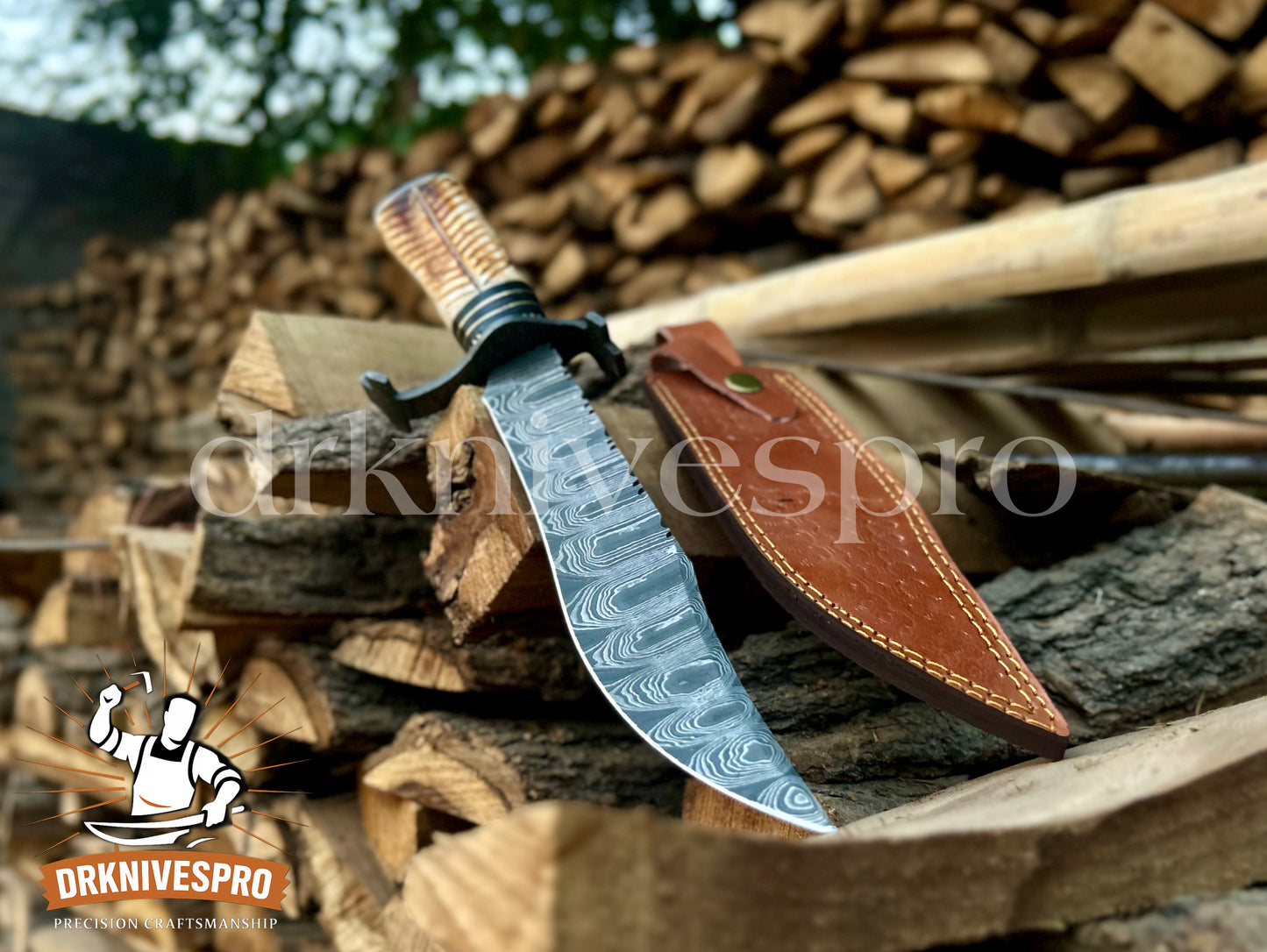 14” Custom Handmade Damascus Steel Bowie Knife – Fire Bone Handle with Leather Sheath | DRSKNIVES HUB
