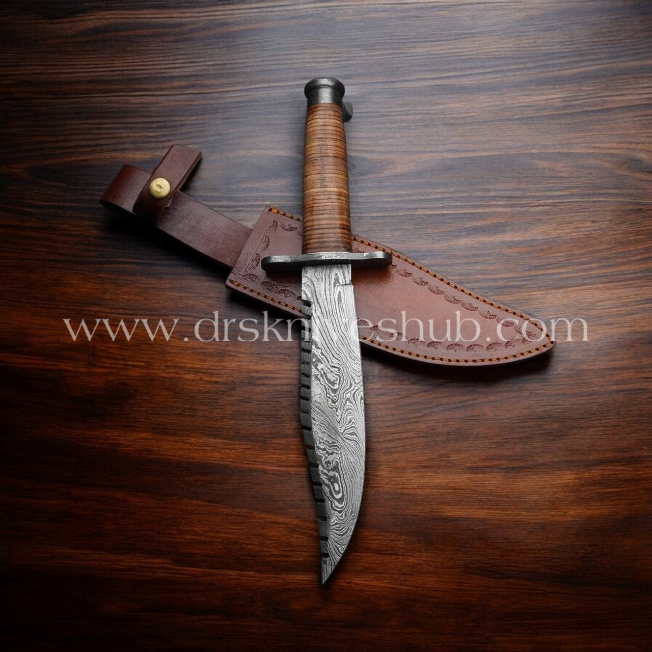 RAMBO KNITE HANDMADE DAMASCUS STEEL BLADE BOWIE KNIFE WITH LEATHER SHEATH || DRS KNIVES HUB