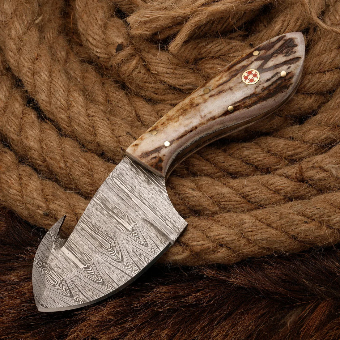 Handmade Damascus Steel Gut Hook Skinner Knife Antler Horn Handle || Drs Knives Hub