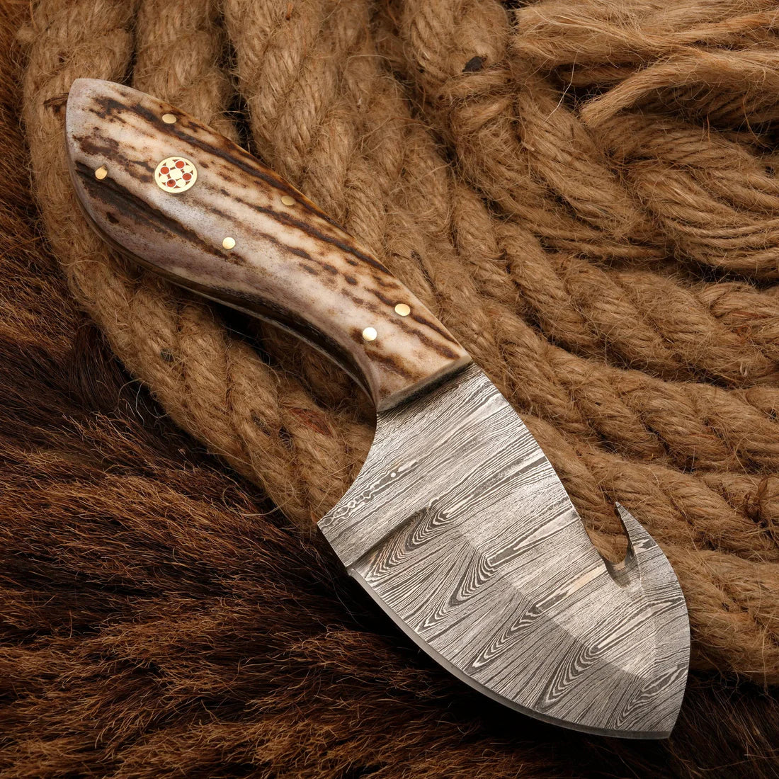 Handmade Damascus Steel Gut Hook Skinner Knife Antler Horn Handle || Drs Knives Hub