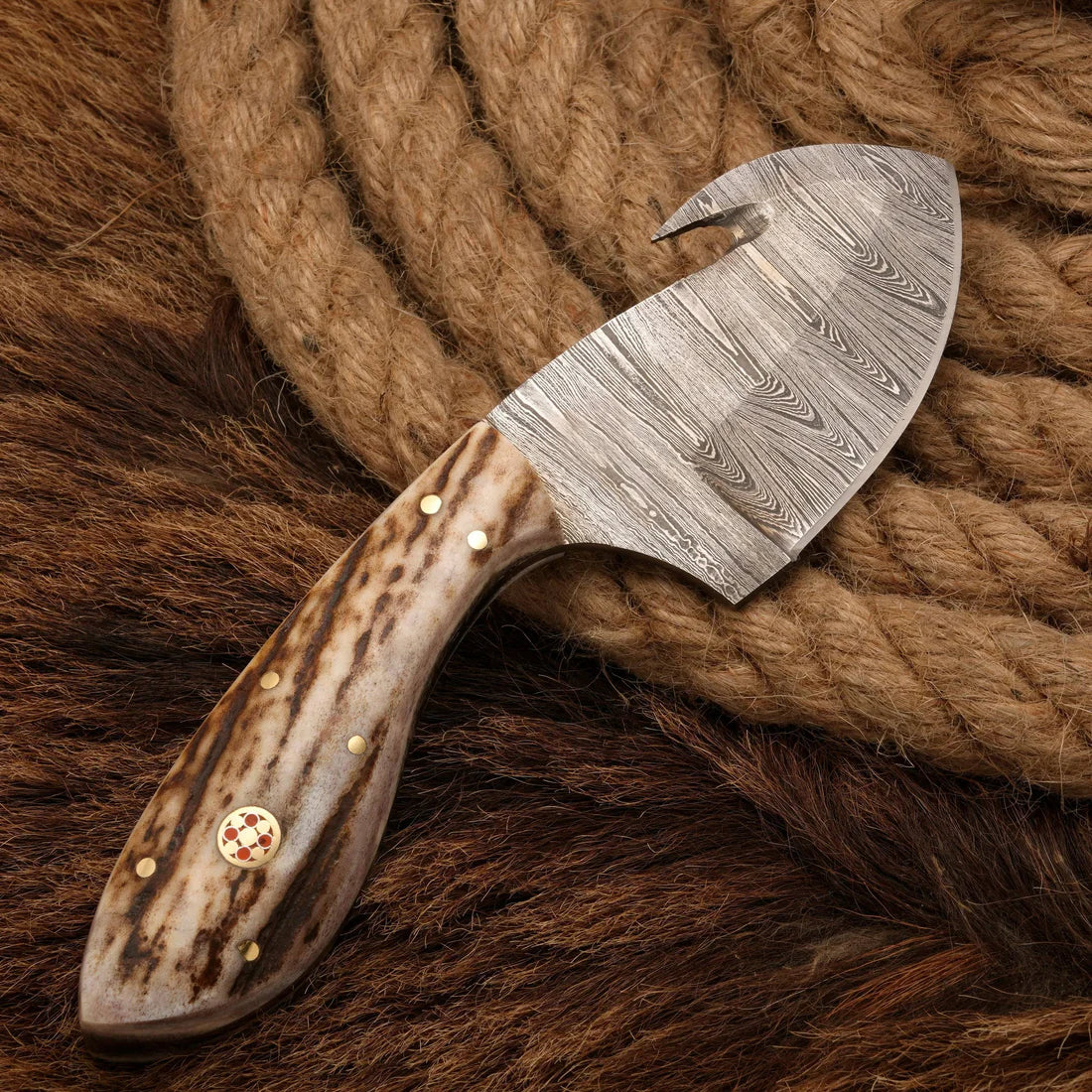 Handmade Damascus Steel Gut Hook Skinner Knife Antler Horn Handle || Drs Knives Hub