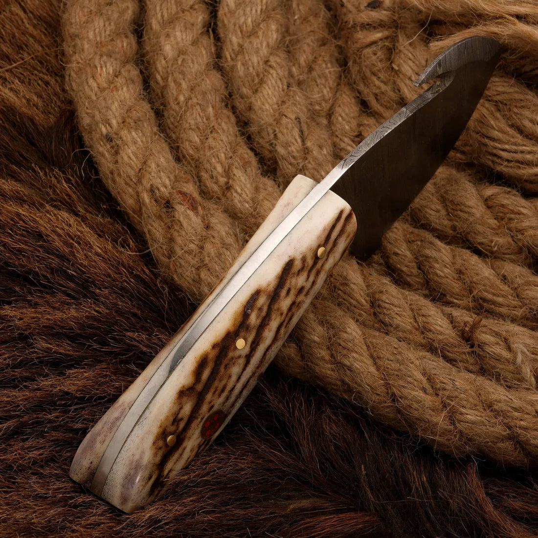 Handmade Damascus Steel Gut Hook Skinner Knife Antler Horn Handle || Drs Knives Hub