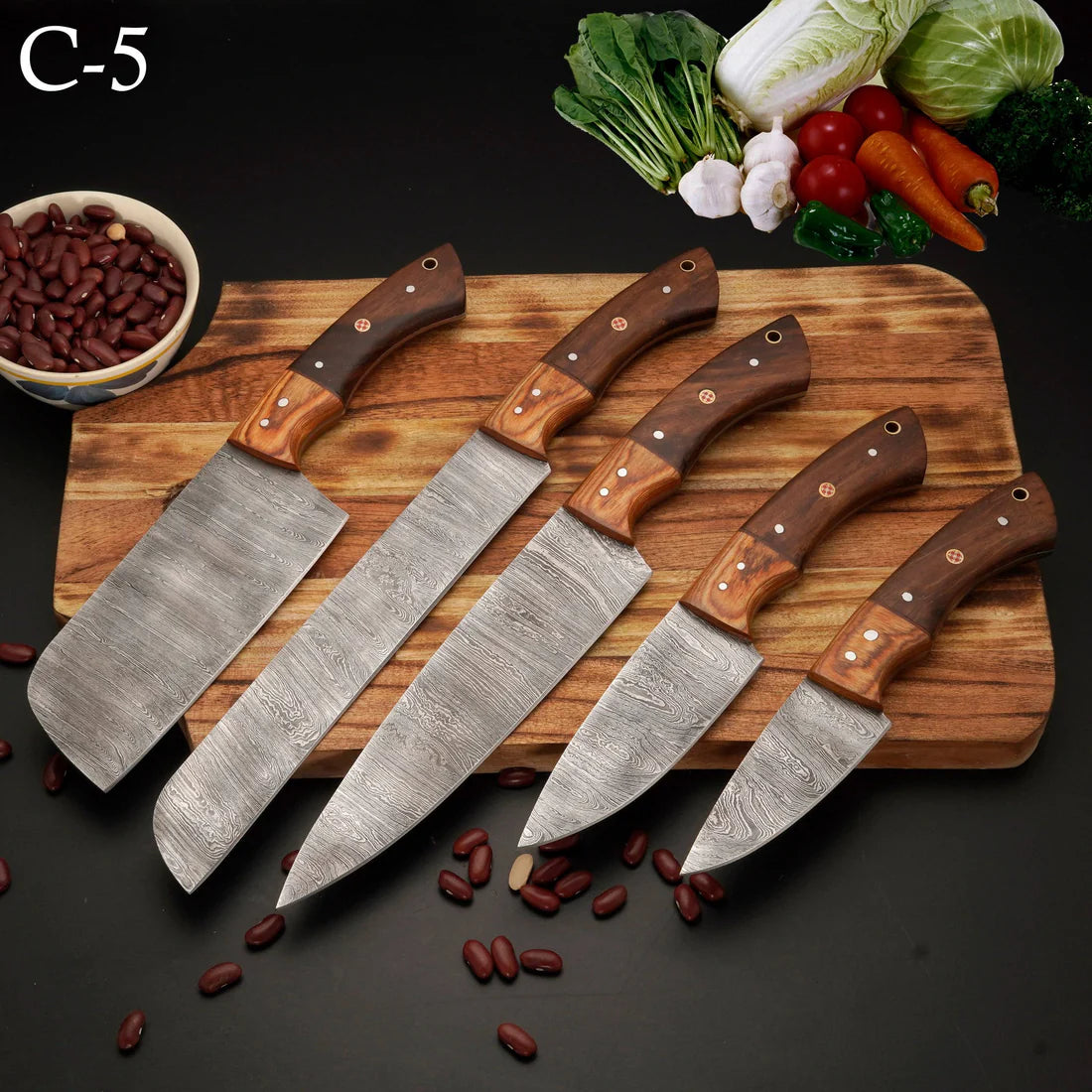 Custom Handmade Damascus Steel High-quality kitchen set Wood Handle With Leather Sheath Cover || Drs Knives Hub