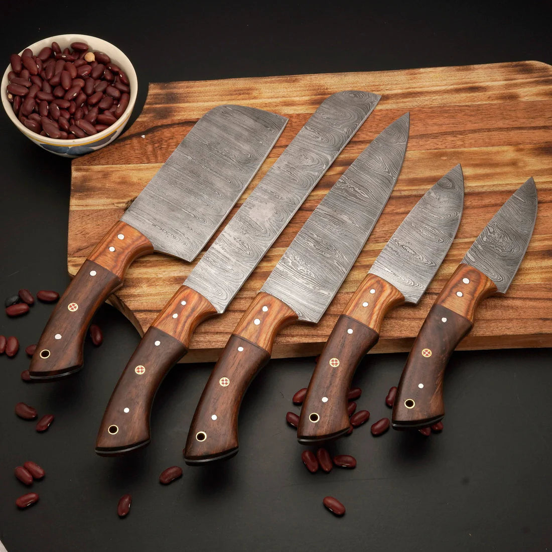 Custom Handmade Damascus Steel High-quality kitchen set Wood Handle With Leather Sheath Cover || Drs Knives Hub