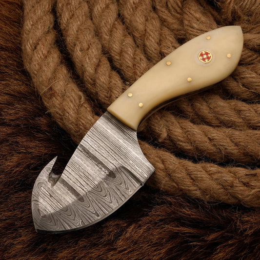 Hand Forged Damascus Steel 7" Gut Hook Skinner Knife Bone Handle || Drs Knives Hub
