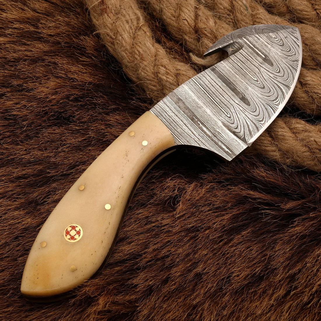 Hand Forged Damascus Steel 7" Gut Hook Skinner Knife Bone Handle || Drs Knives Hub