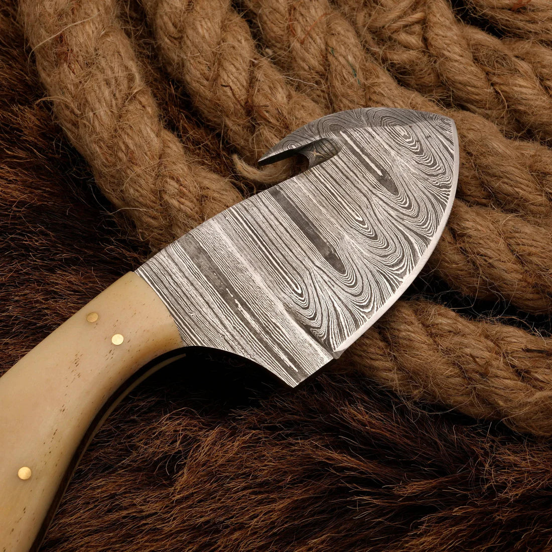 Hand Forged Damascus Steel 7" Gut Hook Skinner Knife Bone Handle || Drs Knives Hub