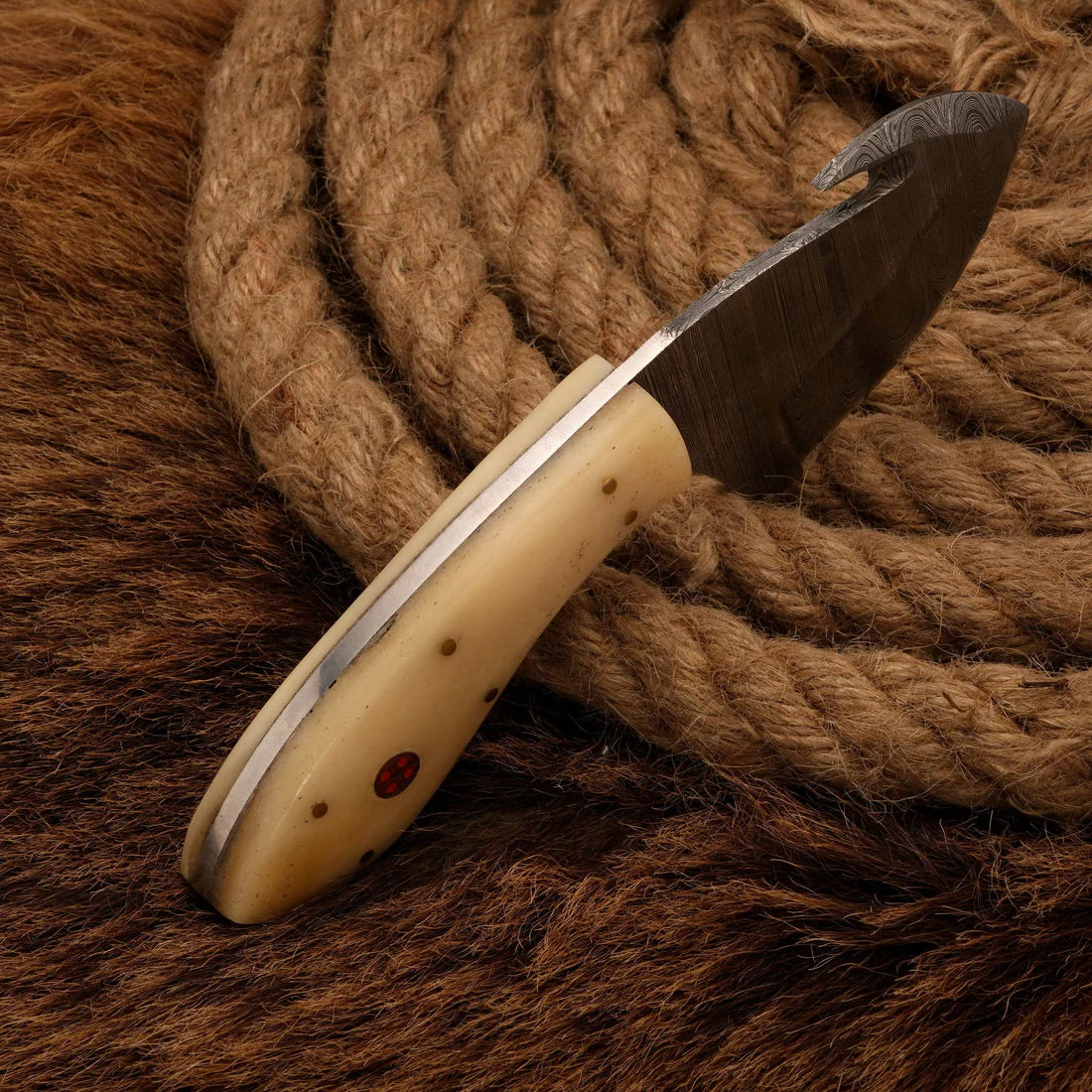 Hand Forged Damascus Steel 7" Gut Hook Skinner Knife Bone Handle || Drs Knives Hub