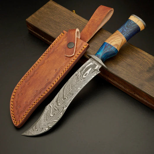 Damascus Steel Hunting Knife – Blue & Olive Wood Handle | DRSKNIVES HUB