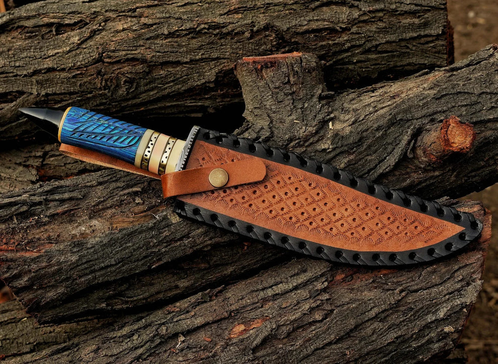 Handmade Damascus Steel Bowie Knife with Exotic Wood & Camel Bone Handle – Leather Sheath Included | DRSKNIVES HUB