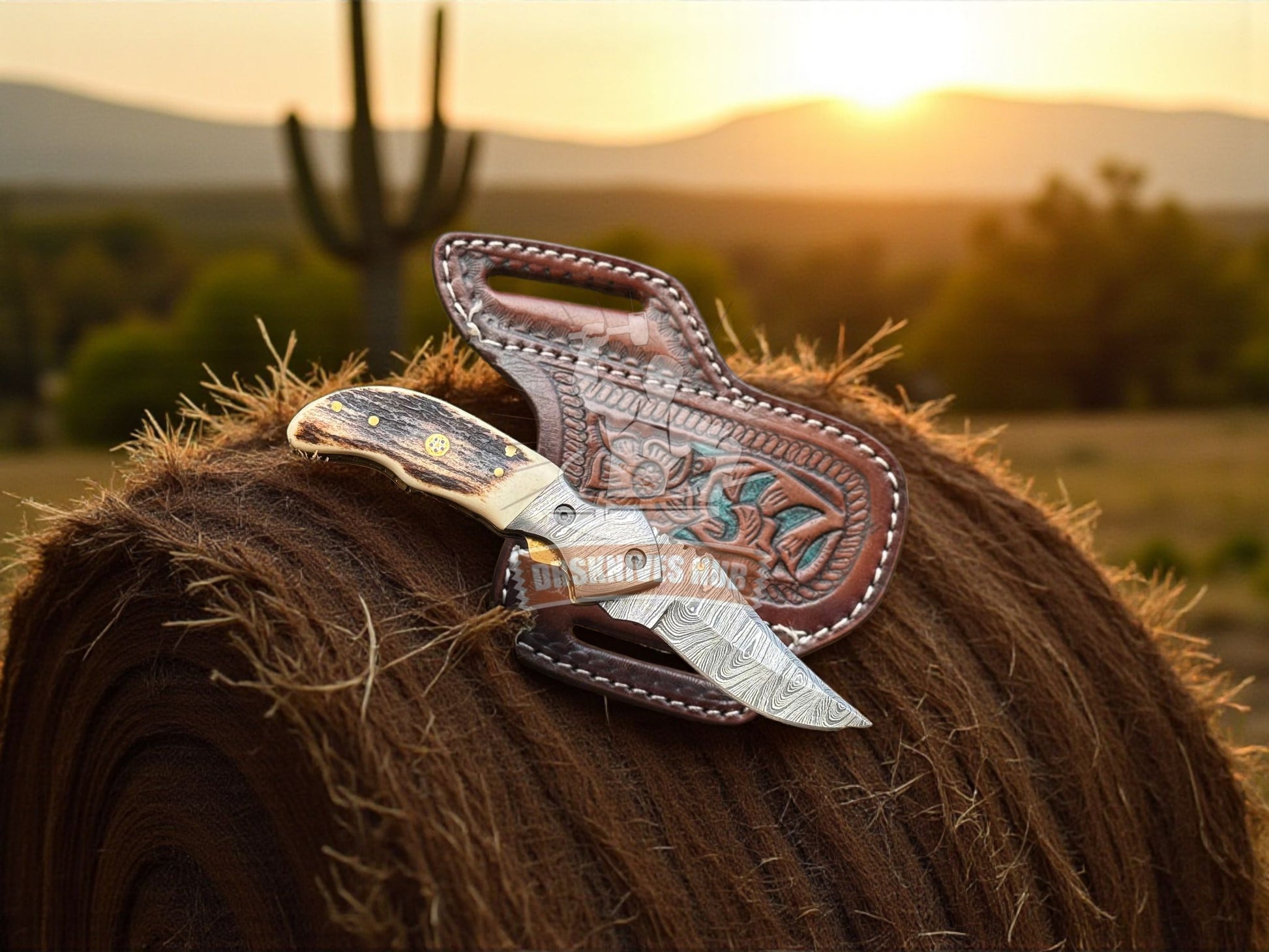 Hand-Ctafted Damascus Steel  Folding Knife – Stag Horn Handle, Leather Sheath | DRSKNIVES HUB