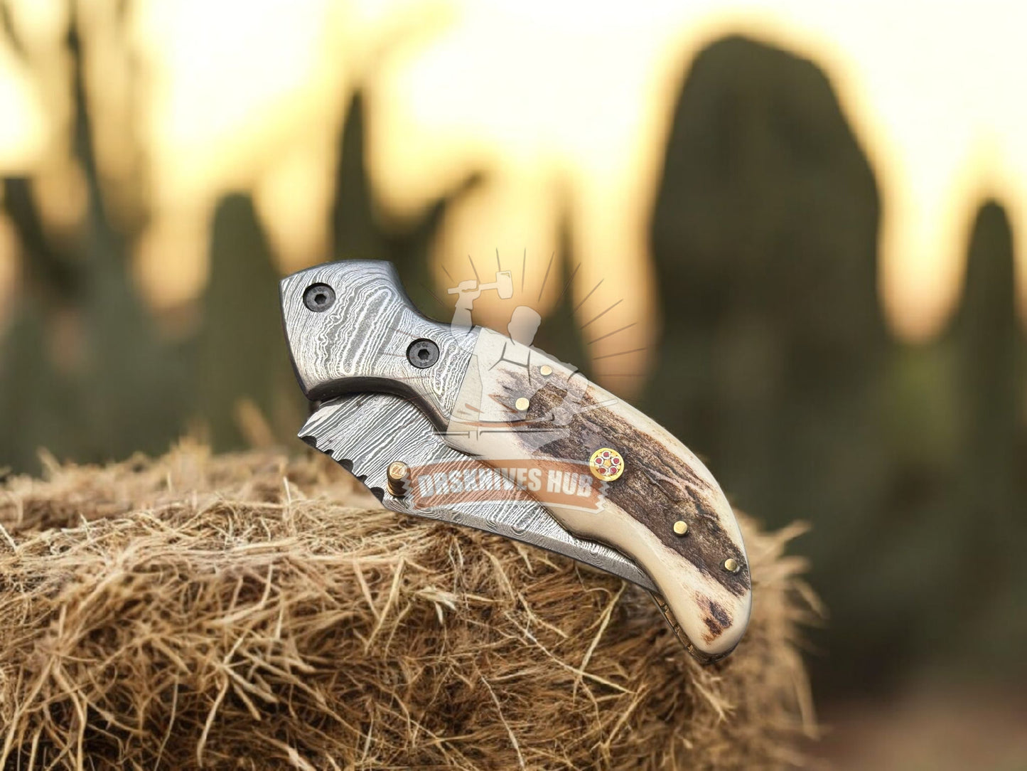 Hand-Ctafted Damascus Steel  Folding Knife – Stag Horn Handle, Leather Sheath | DRSKNIVES HUB