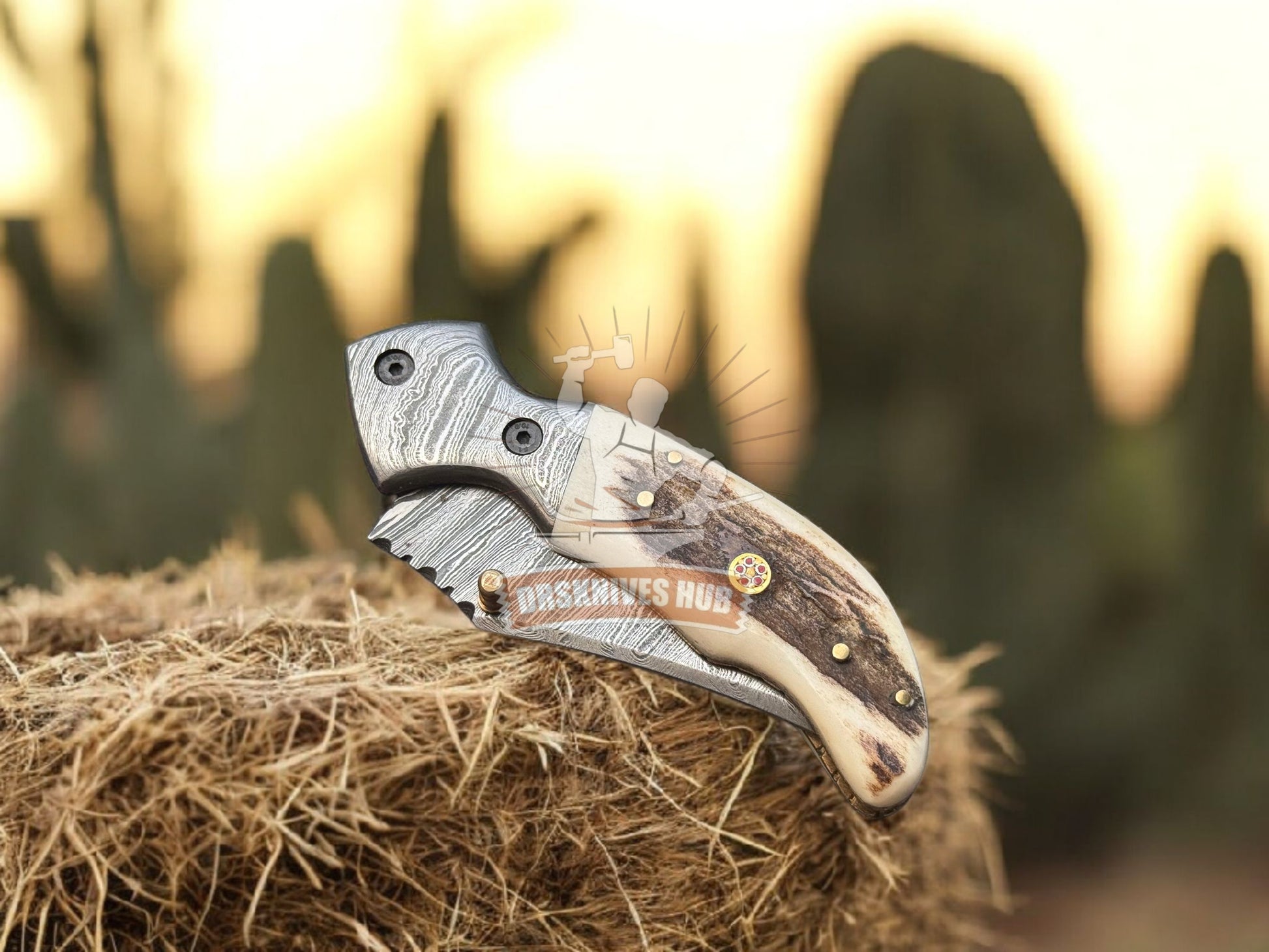 Hand-Ctafted Damascus Steel  Folding Knife – Stag Horn Handle, Leather Sheath | DRSKNIVES HUB