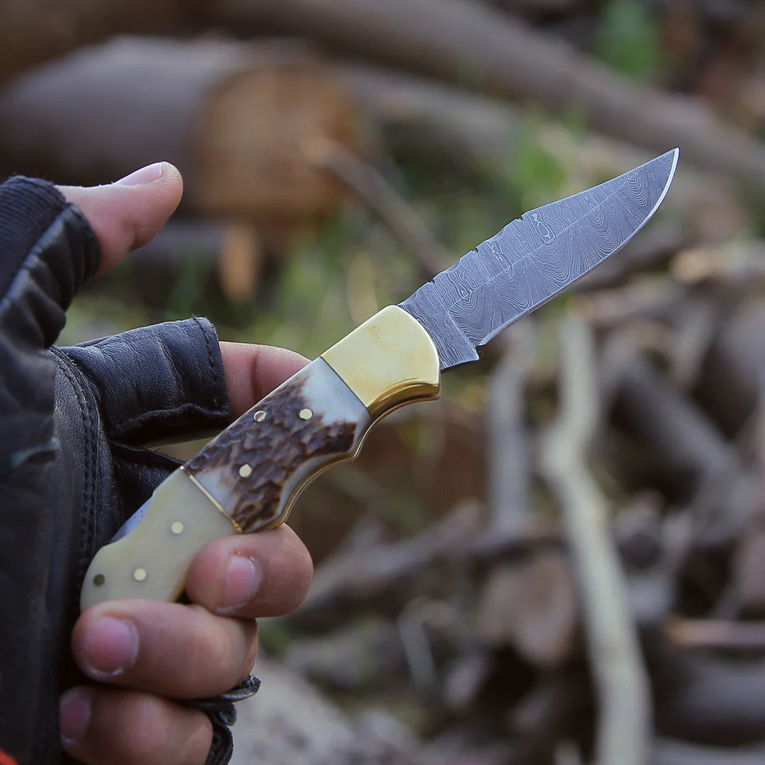 ANTLER HORN HANDLE DAMASCUS POCKET KNIFE WITH || DRS KNIVES HUB