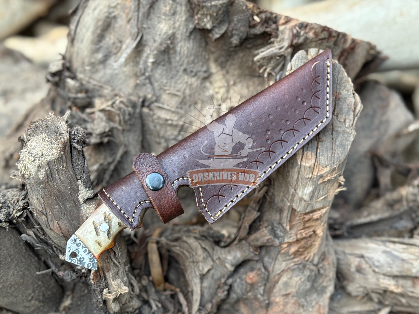 Damascus Tracker Knife 10.5" – Rain Drop Pattern with Sheath | DRSKNIVES HUB