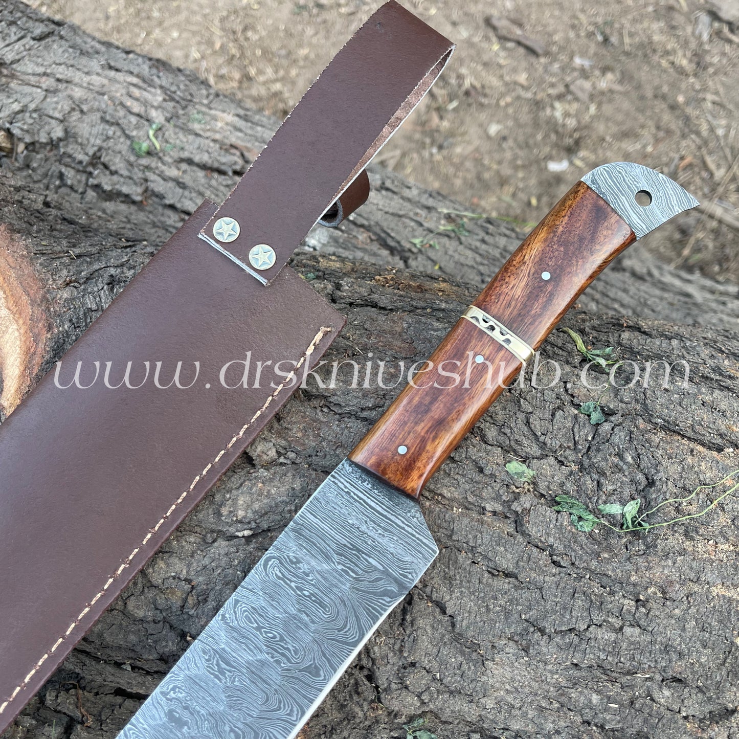 Handmade Damascus Steel Blade Brisket Knife With Leather Cover Rose Wood Handle