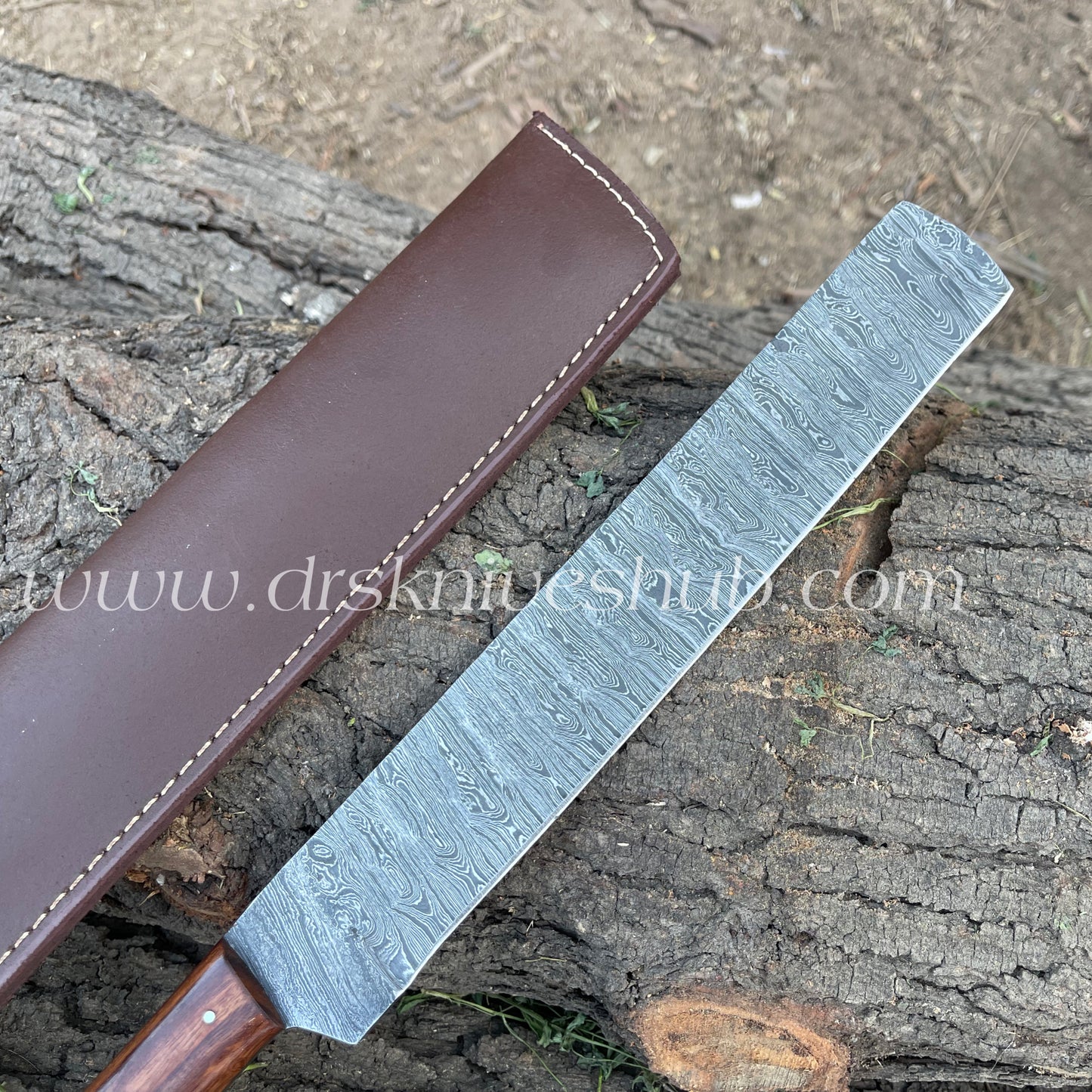 Handmade Damascus Steel Blade Brisket Knife With Leather Cover Rose Wood Handle