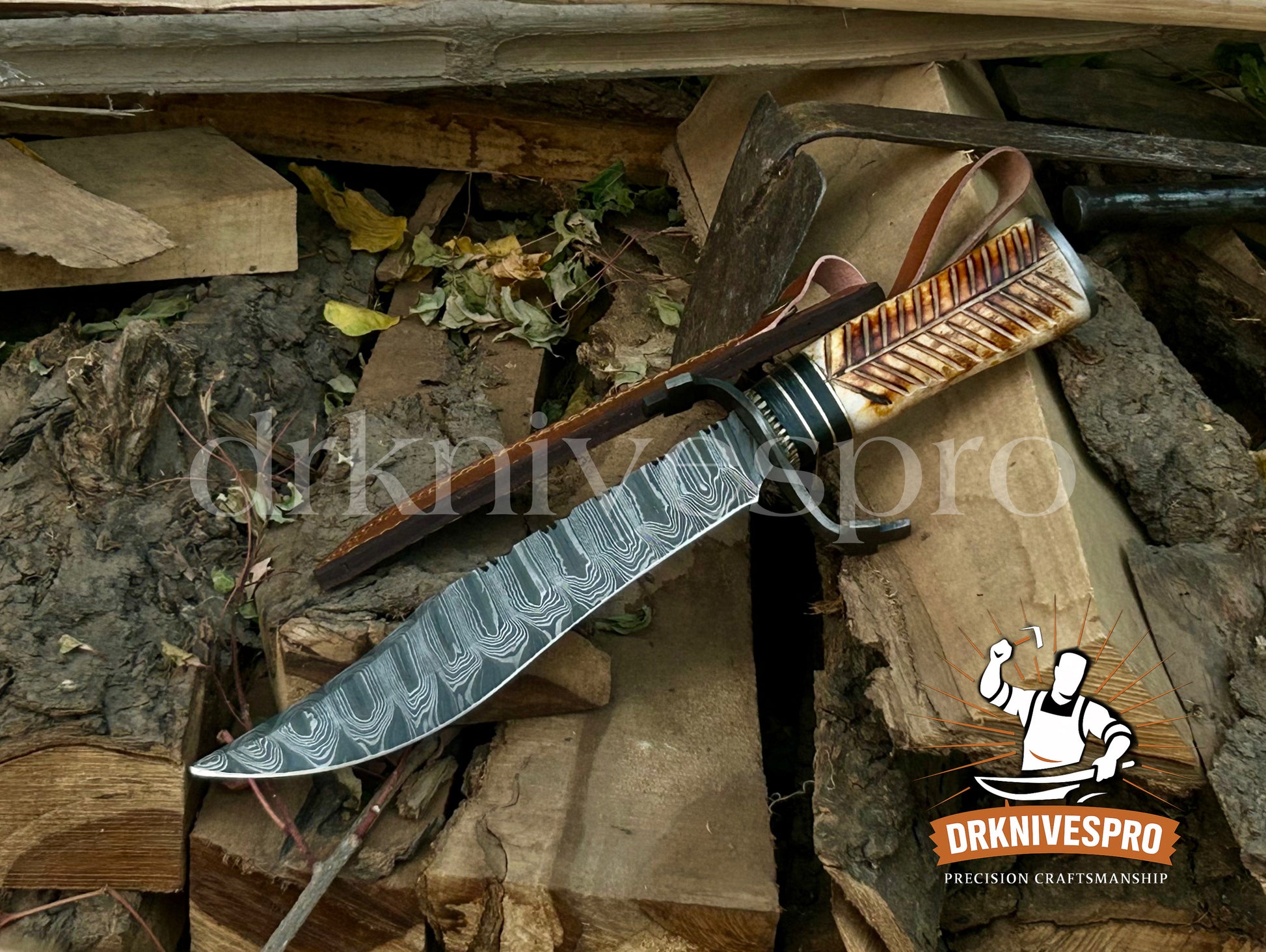 14” Custom Handmade Damascus Steel Bowie Knife – Fire Bone Handle with Leather Sheath | DRSKNIVES HUB