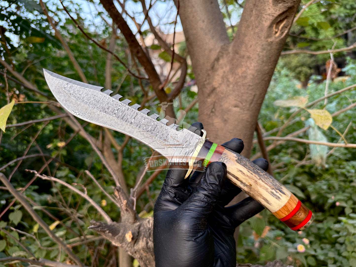 Handmade Damascus Steel Hunting Knife Stag Antler Handle Bowie Knife | DRSKNIVES HUB 