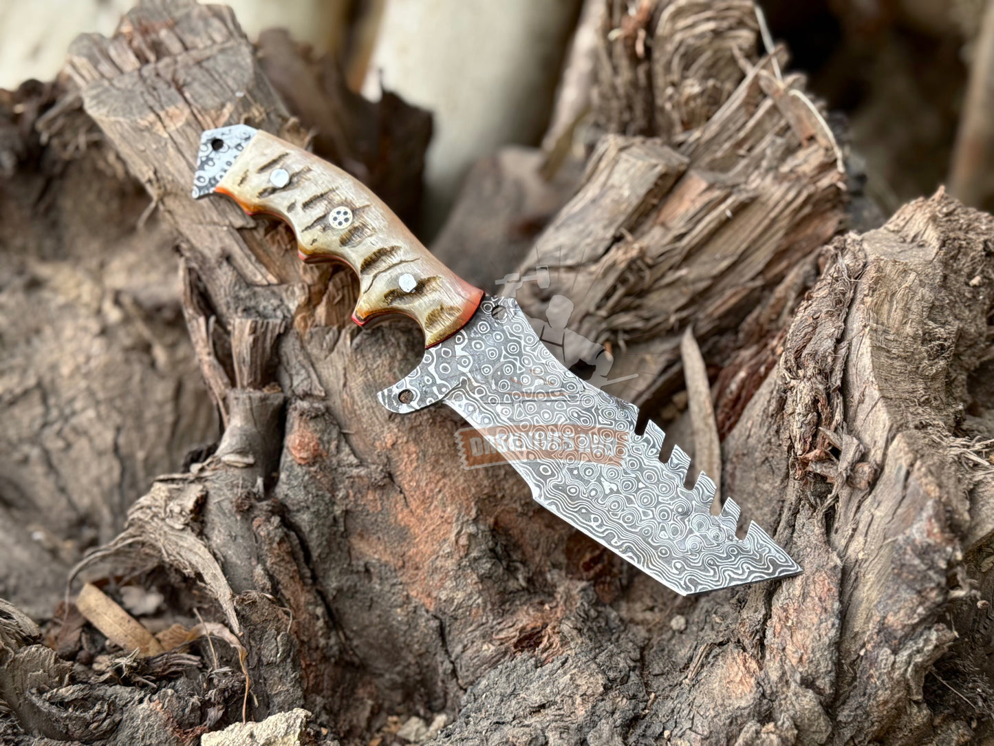 Damascus Tracker Knife 10.5" – Rain Drop Pattern with Sheath | DRSKNIVES HUB