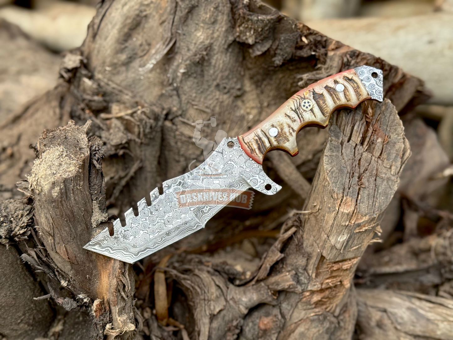 Damascus Tracker Knife 10.5" – Rain Drop Pattern with Sheath | DRSKNIVES HUB