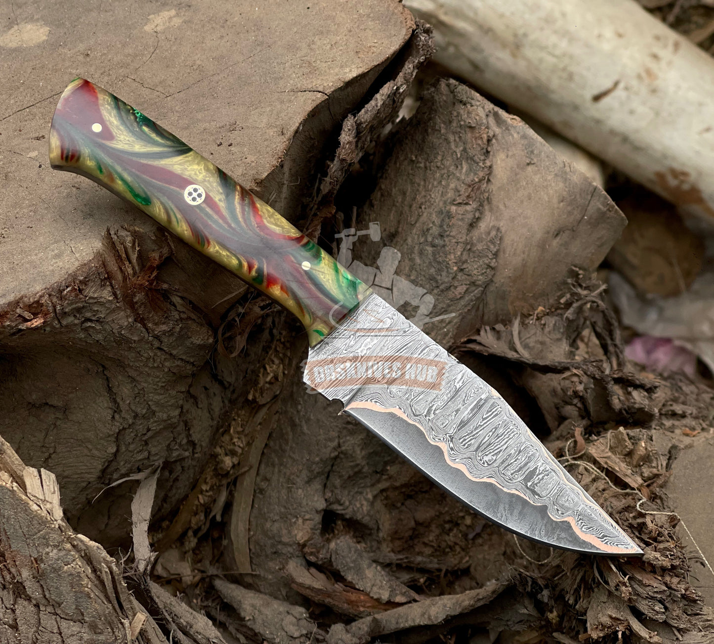 Western knife Handmade copper Damascus hunting knife with leather sheath