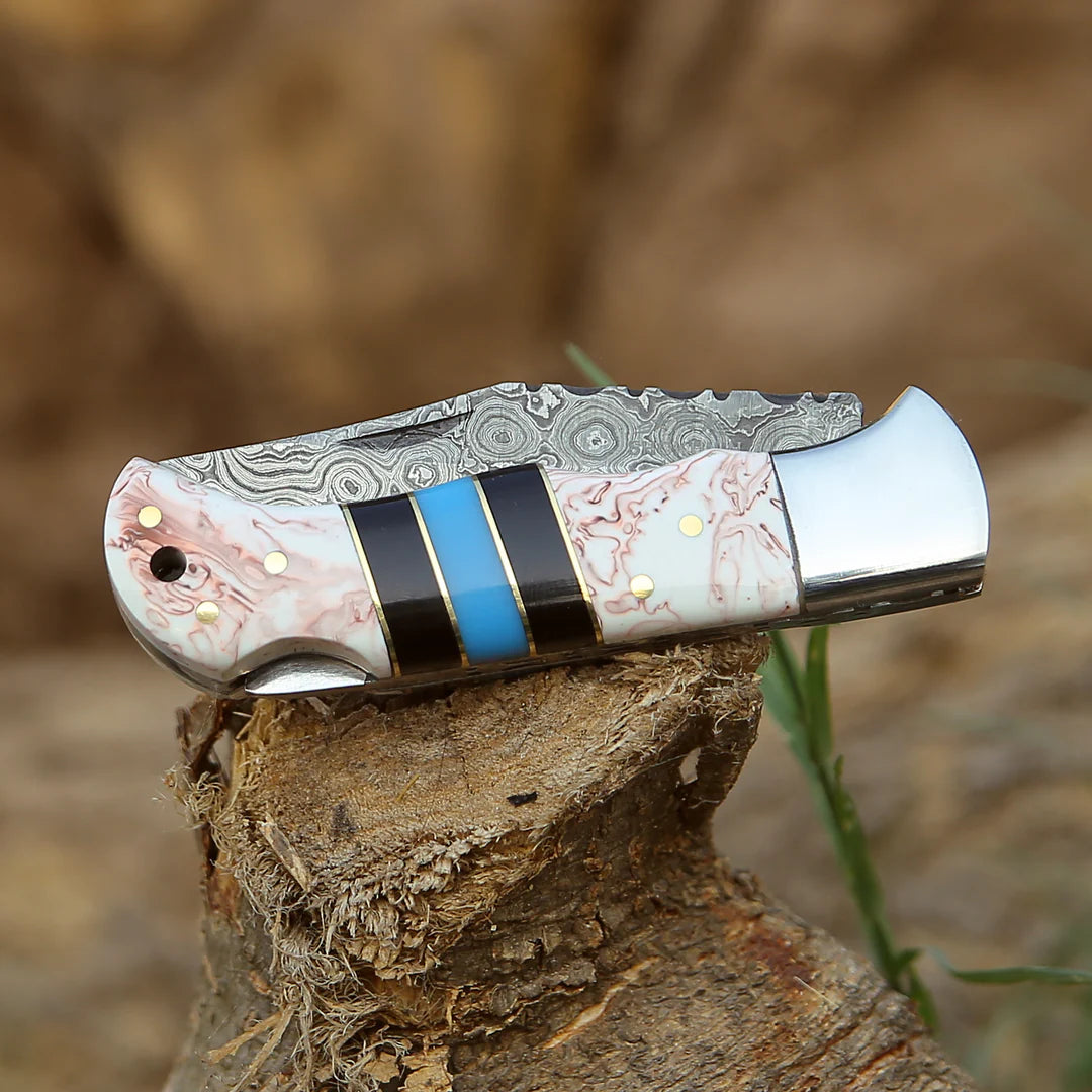 HANDMADE DAMASCUS POCKET KNIFE WITH SHEATH || DRS KNIVES HUB