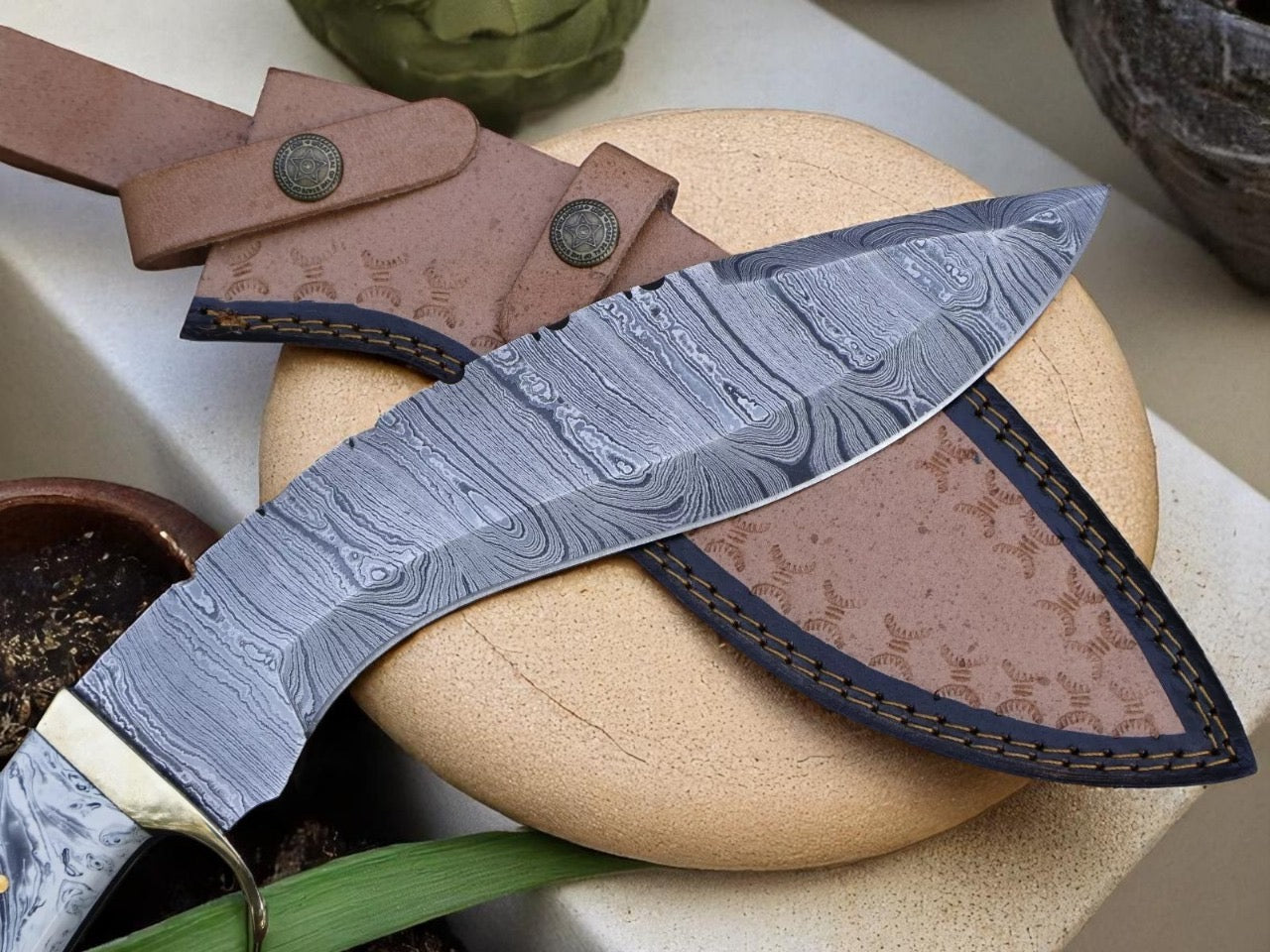 Damascus Steel Blade Handmade Kukri Knife Resin Handle With Leather sheath || Drs Knives Hub