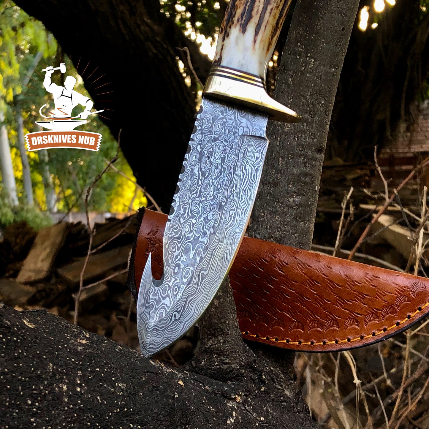 Gut Hook knife Handmade Damascus Steel Raindrop Pattern Hunting knife Antler Handle Knife