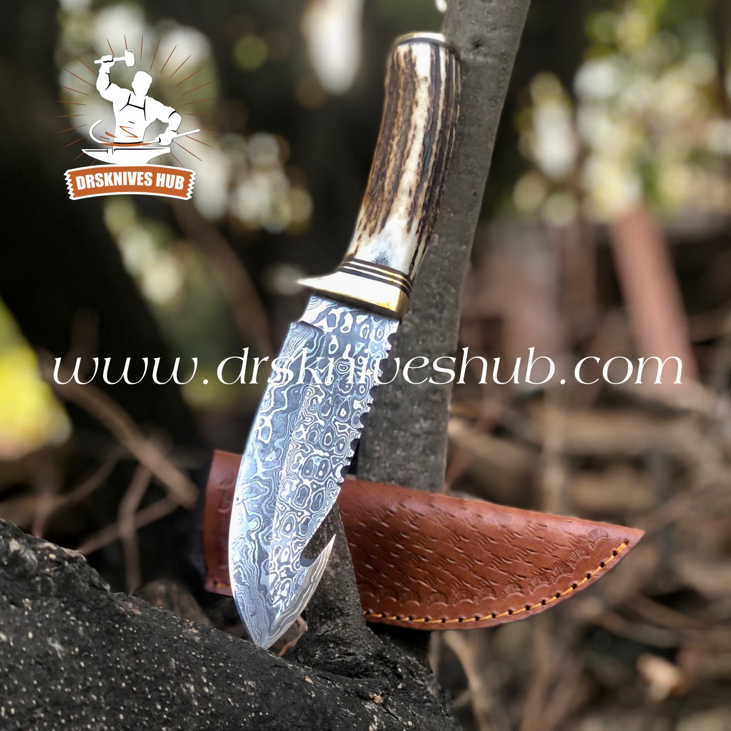 Gut Hook knife Handmade Damascus Steel Raindrop Pattern Hunting knife Antler Handle Knife