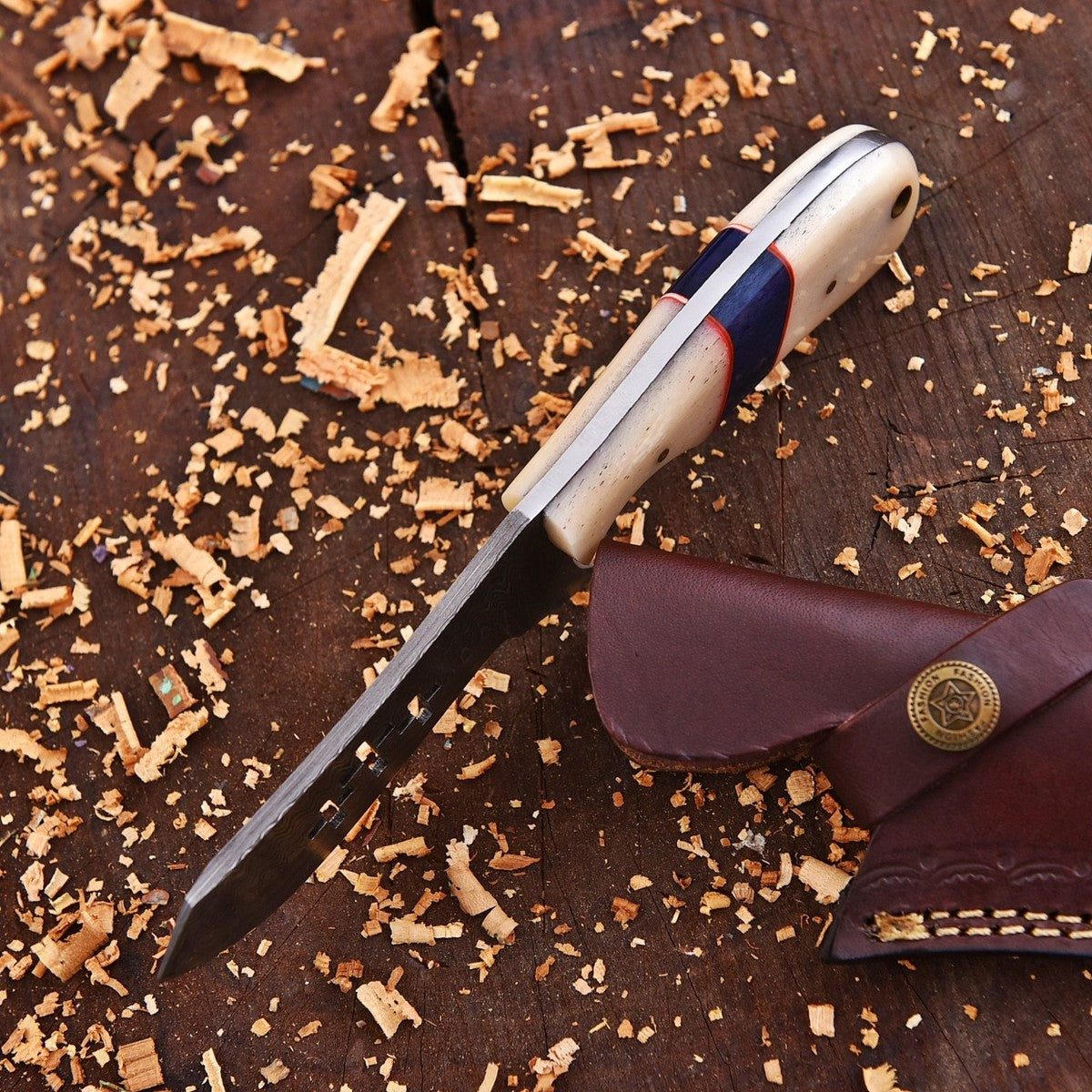 Damascus Steel Holy Wire Cut Bull Cutter Knife With Sheath