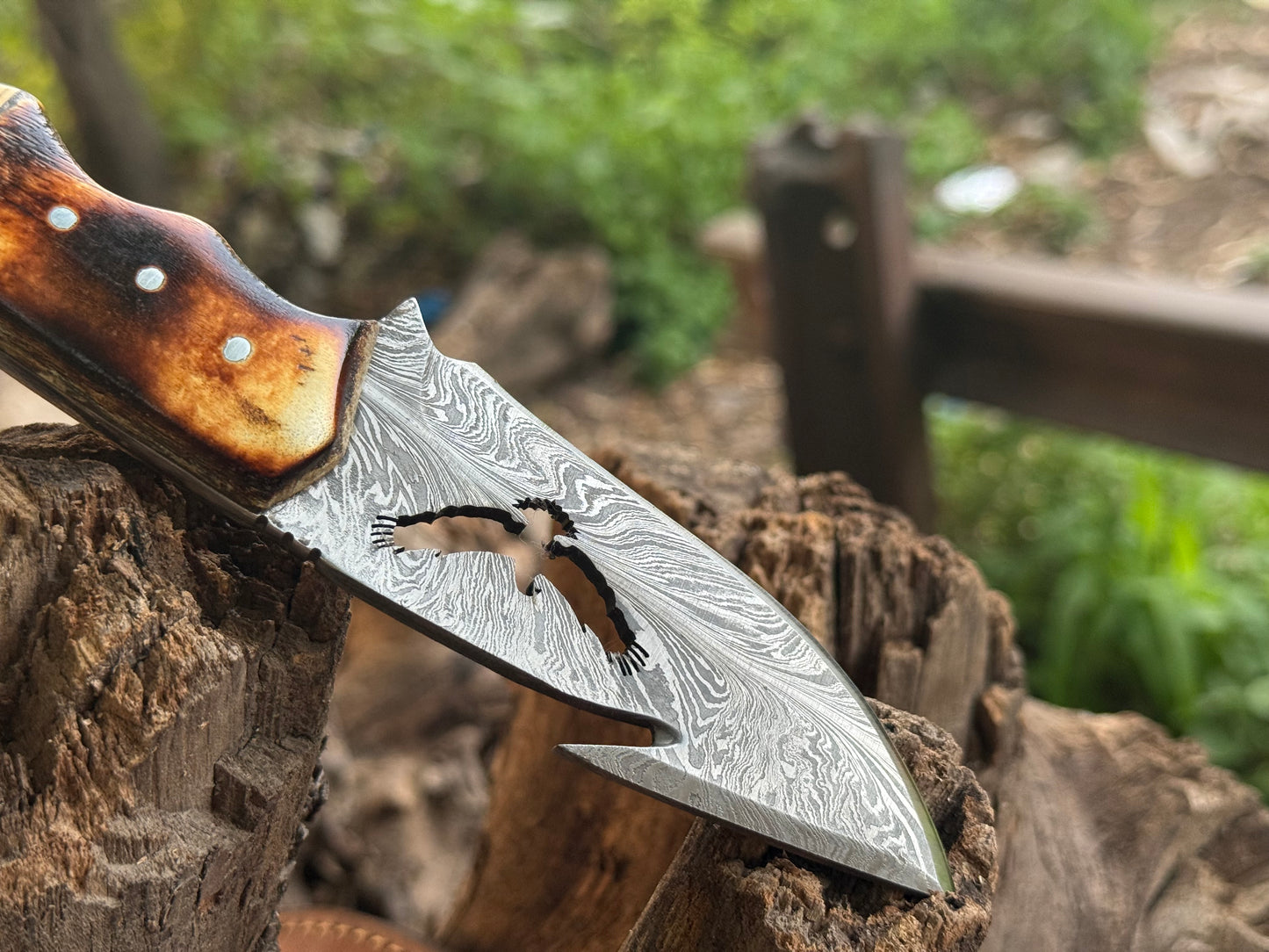 Personalized Hunting Knife Handcrafted Damascus Steel + Antler Handle With Leather Sheath