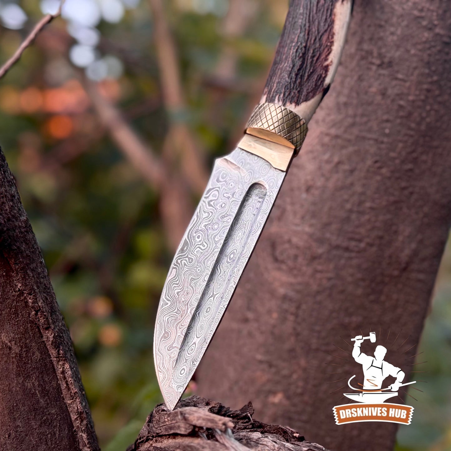 Handmade Damascus Hunting Knife | 10.5” Stag Handle Fixed Blade Knife | DRSKNIVES HUB