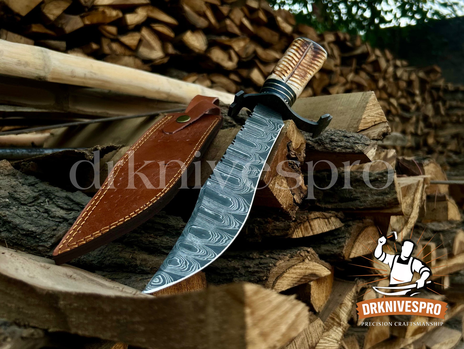 14” Custom Handmade Damascus Steel Bowie Knife – Fire Bone Handle with Leather Sheath | DRSKNIVES HUB