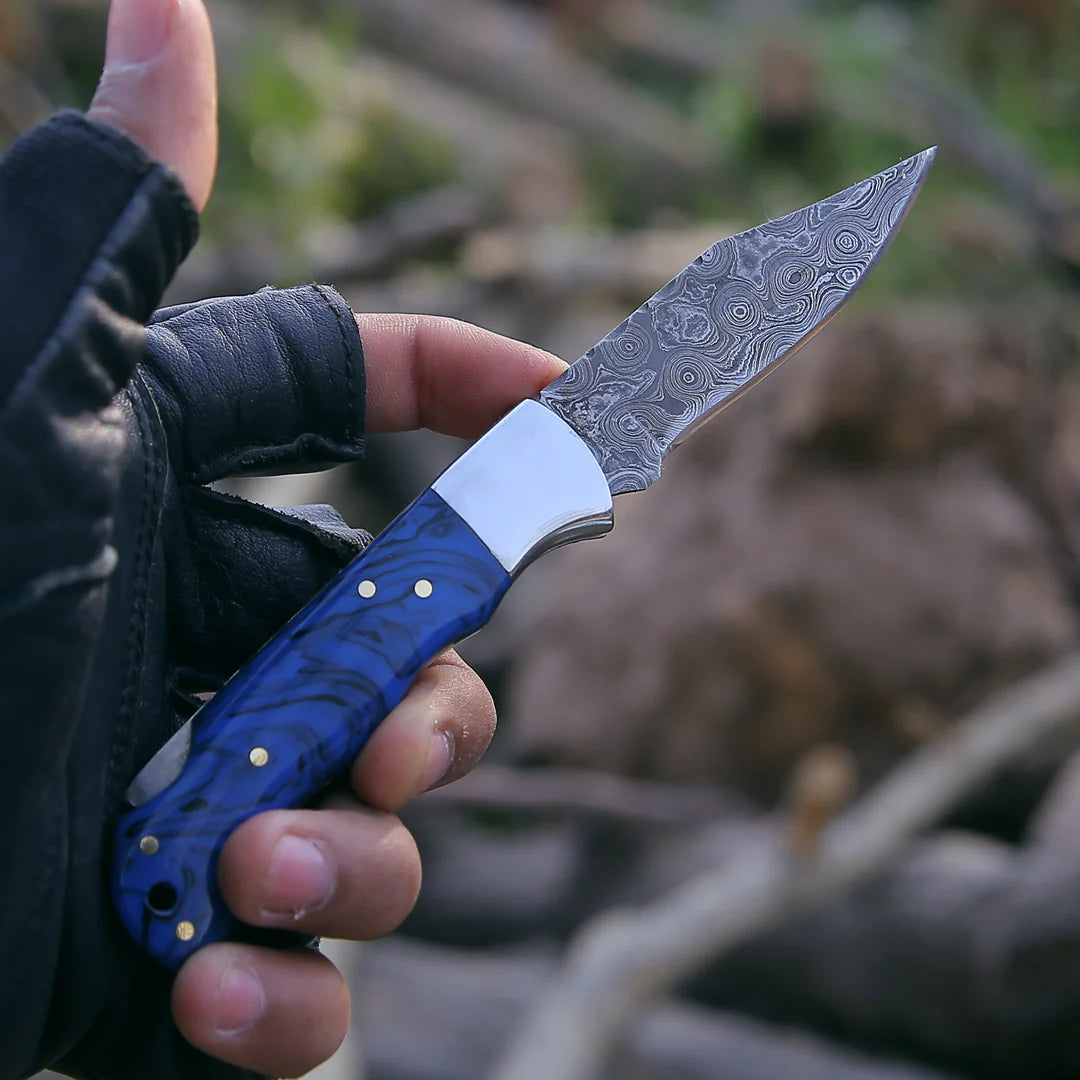 BLUE RESIN HANDLE DAMASCUS POCKET KNIFE WITH SHEATH || DRS KNIVES HUB