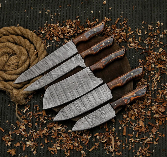 Damascus steel chef set gift for him ,gift for mother with leather sheath, kitchen knife chef set gift for husband