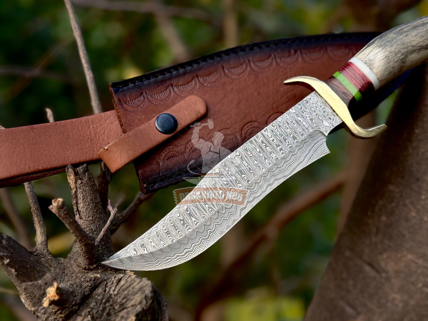 Handmade Damascus Bowie Knife – 12” Stag Handle Hunting Knife with Leather Sheath | DRSKNIVES HUB 