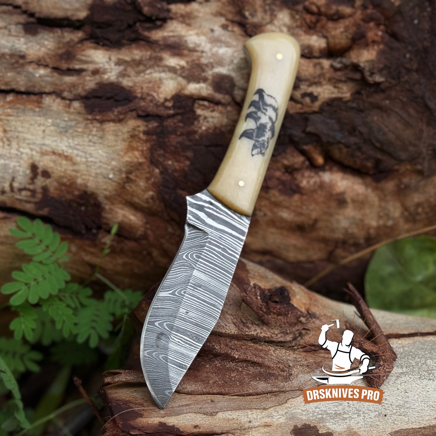 8” inches Handmade Damascus Hunting Skinner Knife Bone Handle with Bear Print | DRSKNIVES HUB