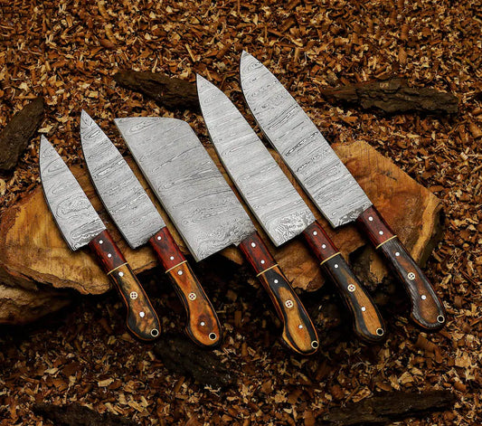 set of 5pcs, Handmade chef's knife set, Kitchen knife with leather sheath