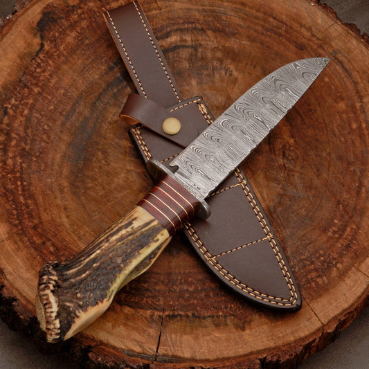 Edc Knife custom handmade Damascus steel hunting bowie knife with leather wrap || drs knives hub