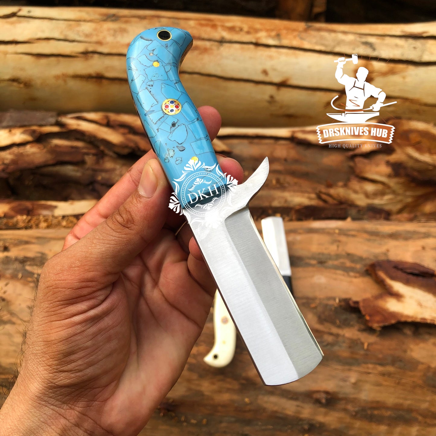 Turquoise Handle Handmade Stainless Cowboy Bull Cutter Knife With Leather Sheath Cover