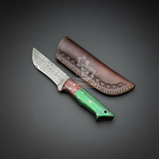 Damascus Hunting Knife 10" – Custom Wood Handle with Leather Sheath | DRSKNIVES HUB