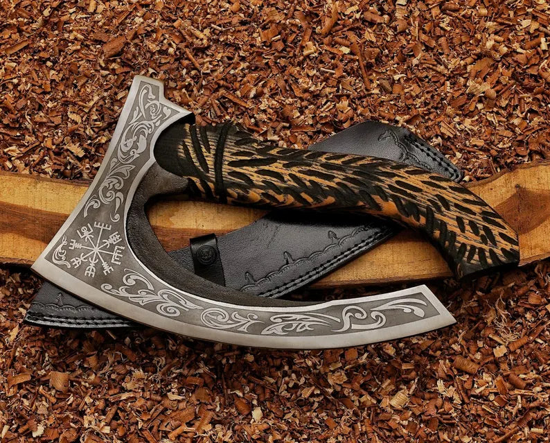 CUSTOM HANDMADE VIKING PIZZA CUTTER AXE WITH LEATHER COVER || DRS KNIVES HUB