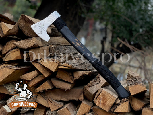 Handmade Engraved Carbon Steel Woodcarving Axe – Scorpion Design with Leather Sheath | DRSKNIVES HUB