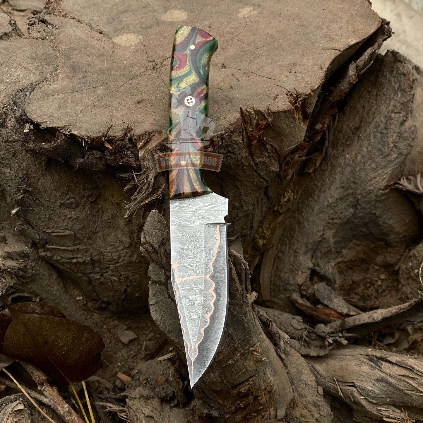 Western knife Handmade copper Damascus hunting knife with leather sheath