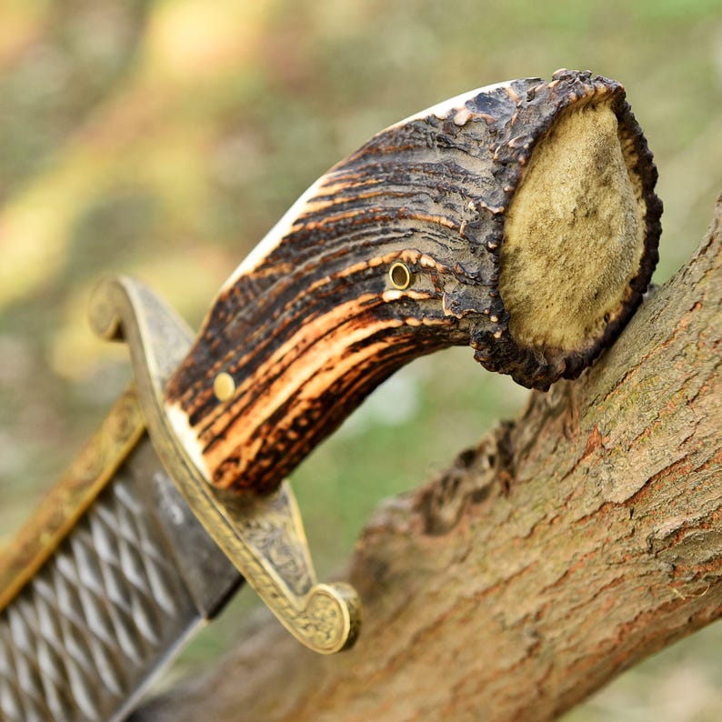 CUSTOM HANDMADE BIG BOWIE STONE WASHED STEEL ANTLER HANDLE KNIFE || DRS KNIVES HUB
